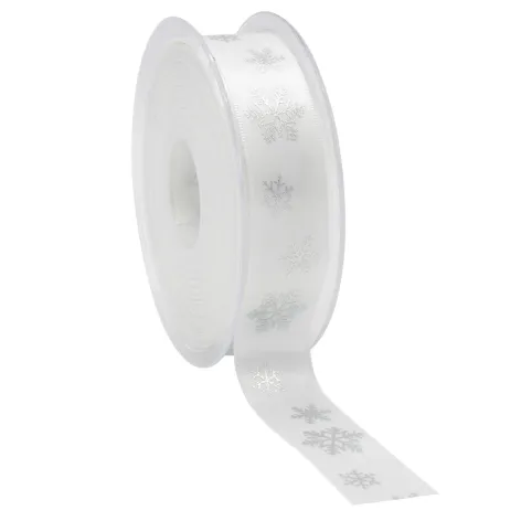 25m reel.webp Snowflakes Satin Ribbon; Silver on White